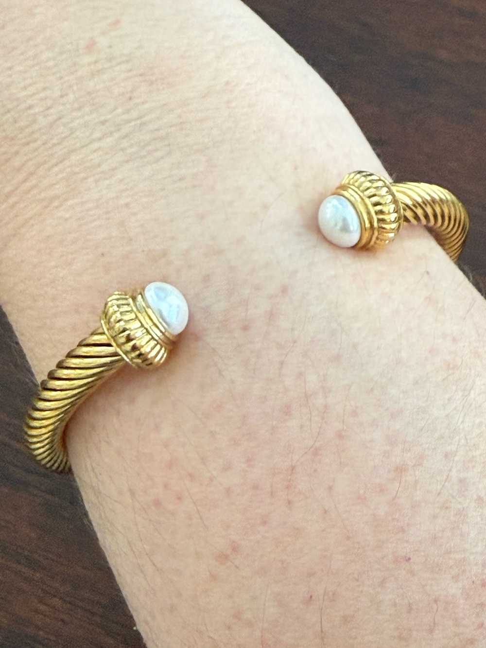 Gold-Tone Twisted Cable Cuff Bracelet with Pearl Endcaps - Picture 7 of 7